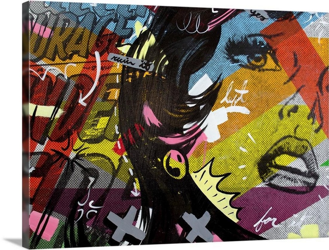 Left of Yes Canvas Reproduction by Dan Monteavaro: Left of Yes Canvas Reproduction by Dan Monteavaro "Left of Yes" is a pop art piece featuring comic-style illustrations and bold text, evoking the essence of Lichtenstein. It portrays a distres