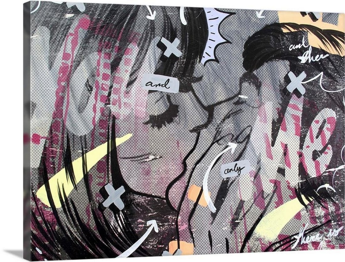 And Only: A Dan Monteavaro Canvas Reproduction: And Only: A Dan Monteavaro Canvas Reproduction "And Only" is a pop art piece featuring comic-style illustrations and bold text, inspired by Lichtenstein. It depicts a woman and a man kissing, 