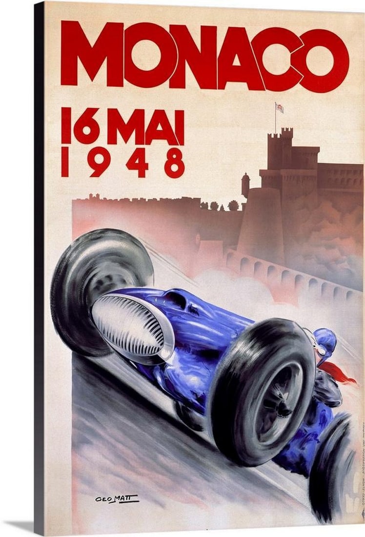Grand Prix Monaco 1948 Vintage Poster Canvas Reproduction by Geo Hamm: Grand Prix Monaco 1948 Vintage Poster Canvas Reproduction by Geo Hamm Grand Prix Monaco 1948 Vintage Poster Canvas Reproduction by Geo Hamm showcases a classic advertising poster for the May 16th race
