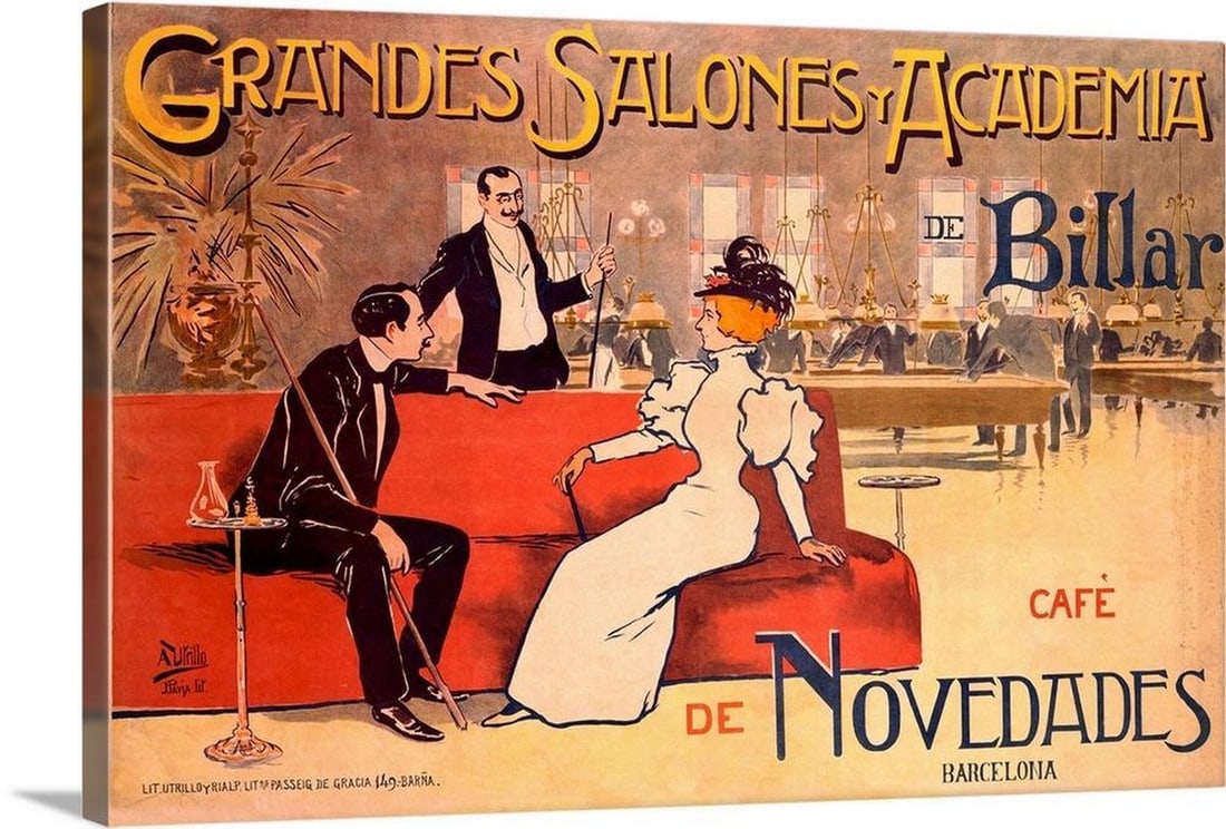 Grandes Salones y Academia de Billar Vintage Poster Canvas Reproduction by Antoni Utrillo: Grandes Salones y Academia de Billar Vintage Poster Canvas Reproduction by Antoni Utrillo This horizontal vintage advertising poster features a lounge and billiards club, with two men in tuxedos conve
