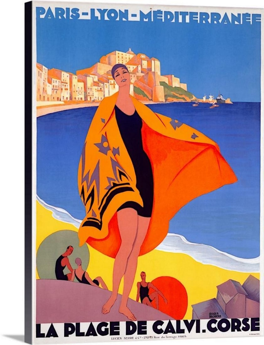La Plage de Calvi, Corse Vintage Poster Canvas Reproduction by Roger Broders: La Plage de Calvi, Corse Vintage Poster Canvas Reproduction by Roger Broders La Plage de Calvi, Corse Vintage Poster Canvas Reproduction by Roger Broders showcases a bold and colorful Art Deco design 