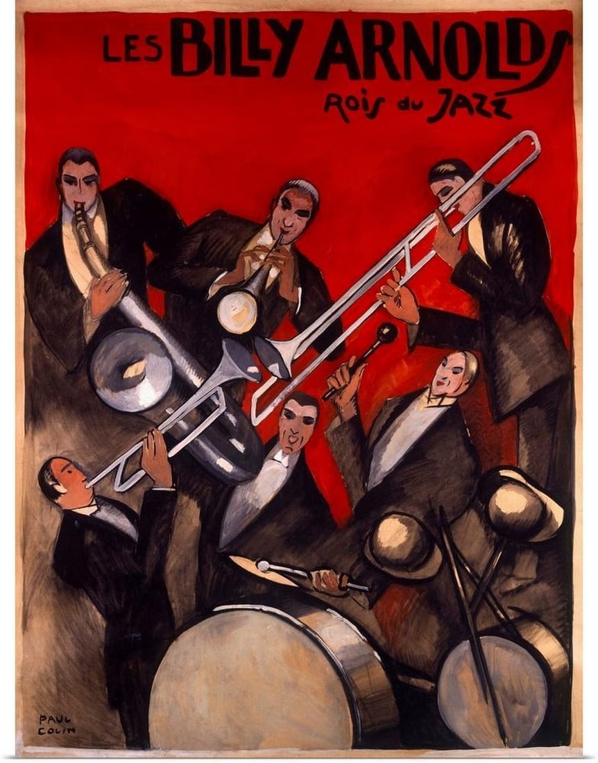Billy Arnold Jazz Band Vintage Poster by Paul Colin Wall Art: Billy Arnold Jazz Band Vintage Poster by Paul Colin Wall Art This Art Deco poster showcases a jazz orchestra in tuxedos, capturing the energy of a theatrical performance. Dimensions: 24" x 18"