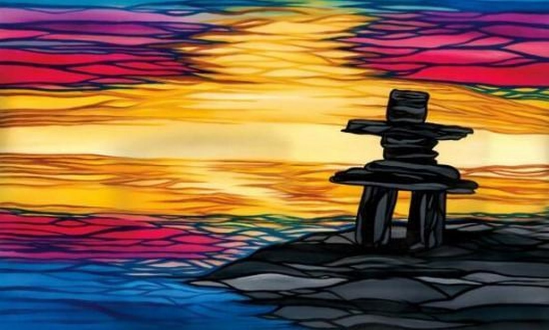 Skyfire Sentinel Matted Print: Skyfire Sentinel Matted Print This captivating print showcases an Inukshuk standing strong against a mesmerizing sky painted in vivid, shifting hues. The background bursts with color, evoking the brea