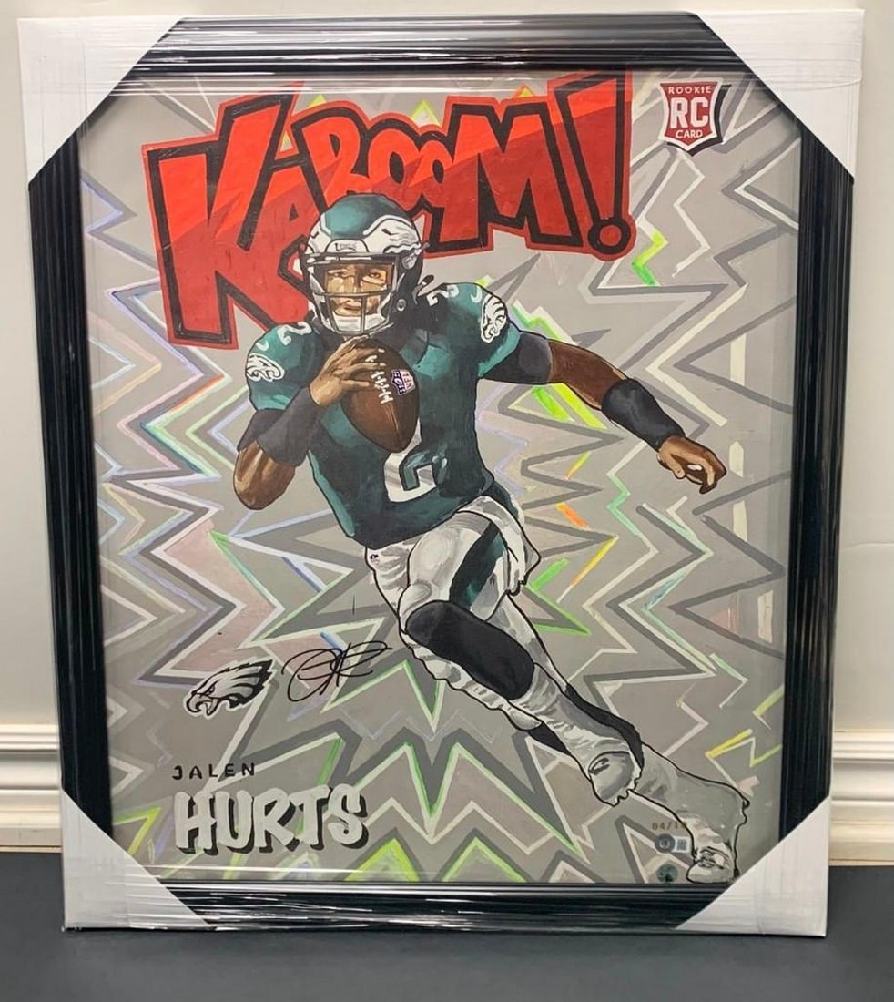 Jalen Hurts Print With Signature Kaboom Rookie Card- Gold Limited Edition With Black Frame