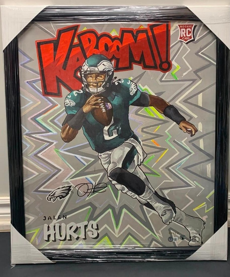 Jalen Hurts Print With Signature Kaboom Rookie Card- Gold Limited Edition With Black Frame