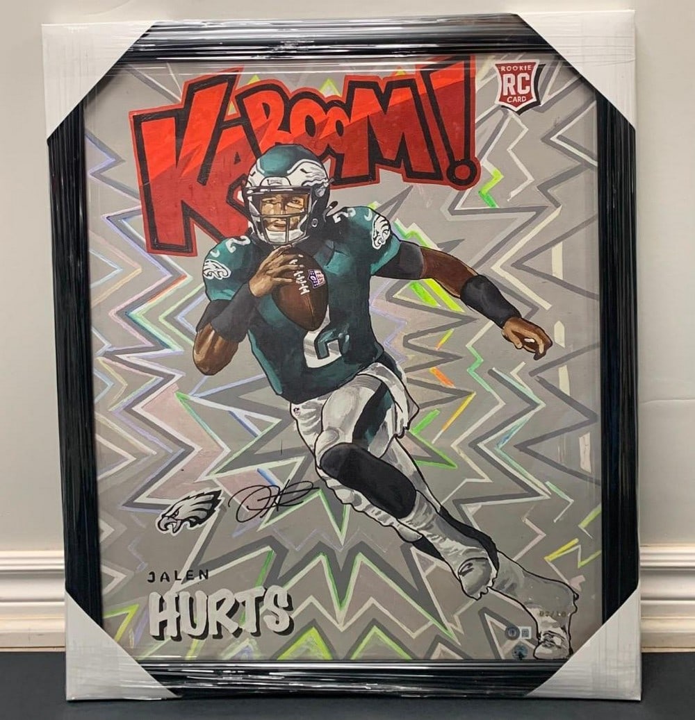 Jalen Hurts Print With Signature Kaboom Rookie Card- Gold Limited Edition With Black Frame