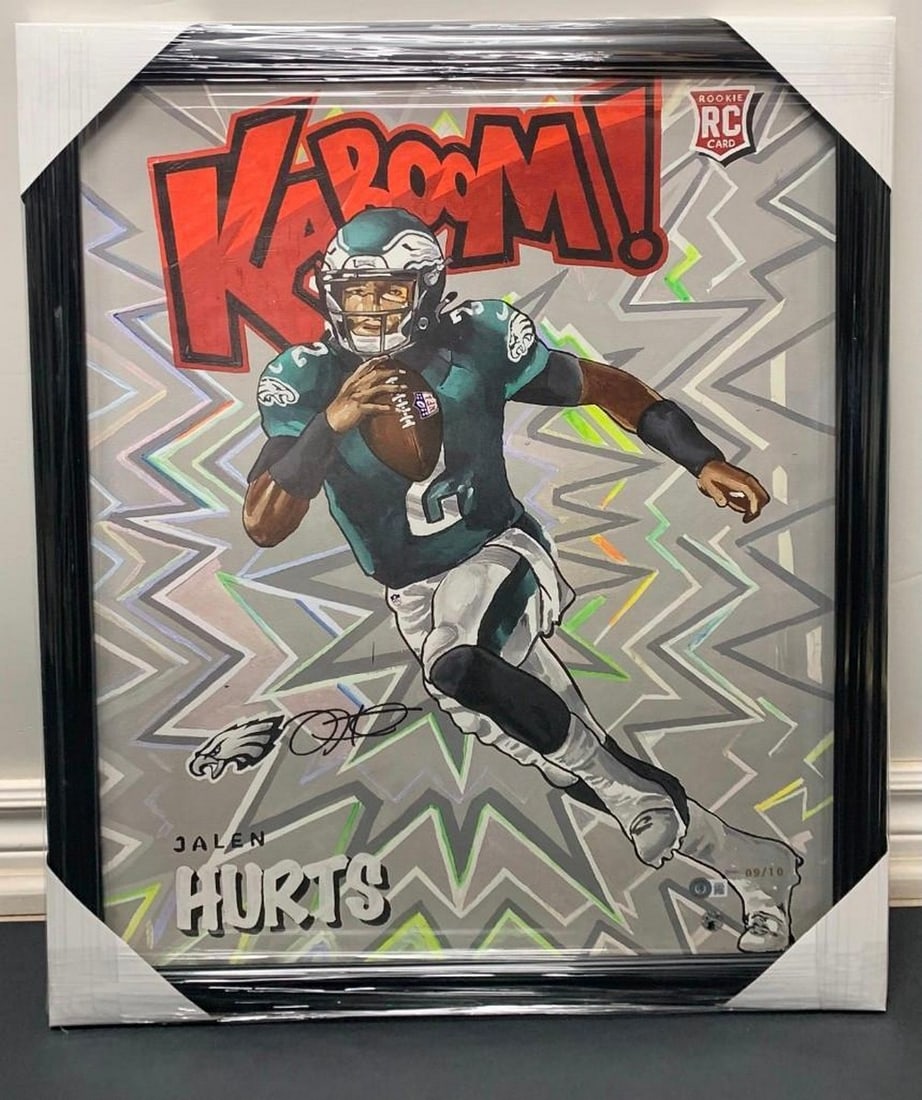 Jalen Hurts Print With Signature Kaboom Rookie Card- Gold Limited Edition With Black Frame