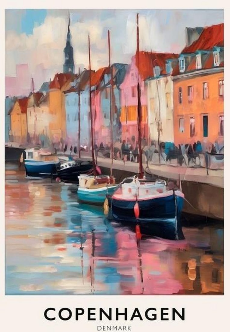 Colours of Copenhagen: Colours of Copenhagen Poster Print Bring the charm of Copenhagen into your space with this vibrant poster print, featuring the city's colorful waterfront, historic architecture, and lively