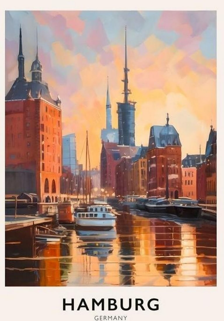 Harbour Lights of Hamburg: Harbour Lights Hamburg Poster Print Capture the maritime charm of Hamburg with this striking poster print, showcasing the city's historic harbour, illuminated waterways, and iconic architecture. From