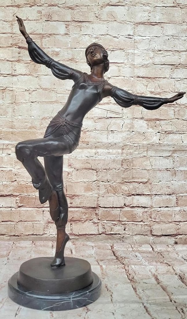 Chiparus Art Deco Dancer Bronze Sculpture on Marble Base - 22'' x 15'': Chiparus Art Deco Dancer Bronze Sculpture on Marble Base - 22" x 15" This exquisite bronze sculpture captures the elegance and grace of an Egyptian dancer in the Art Deco style, symbolizing
