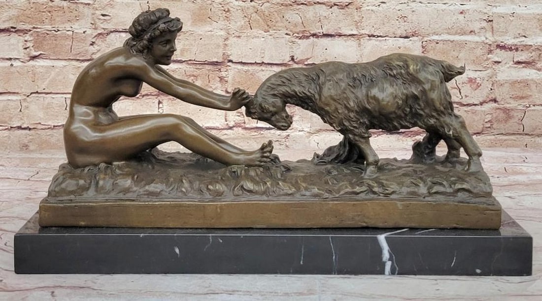 Nude Girl with a Goat Bronze Sculpture Inspired by Gory on Marble Base - 8.5'' x 15.5'': Nude Girl with a Goat Bronze Sculpture Inspired by Gory on Marble Base - 8.5" x 15.5" Exuding the essence of Art Nouveau elegance, the "Nude Girl with a Goat" bronze sculpture by Gory 