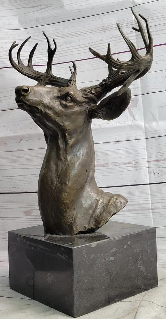 Large Original Large Deer Head Bronze Bust Sculpture Signed By Milo - 21lbs: Large Original Large Deer Head Bronze Bust Sculpture Signed By Milo - 21lbs This magnificent bronze bust depicts the regal beauty of a deer, with its striking antlers and captivating gaze. The antlers