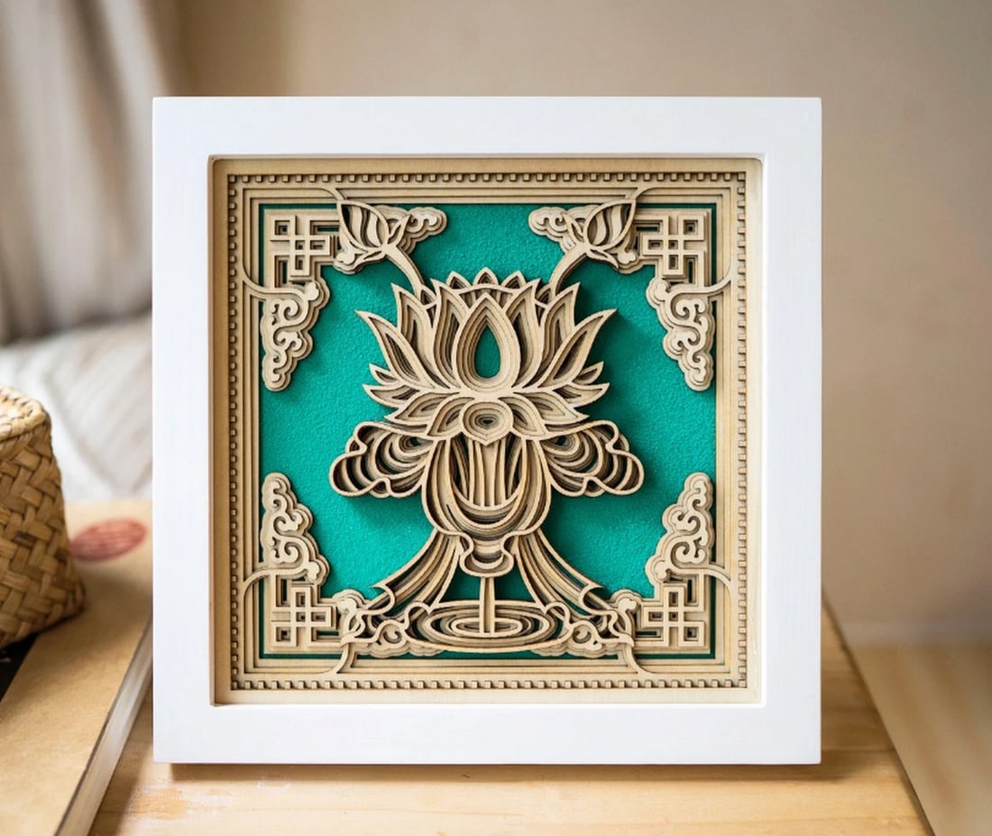 Auspicious Knot Multi-layer Laser Cut Wood Carving: Auspicious Knot Multi-layer Laser Cut Wood Carving This multi-layered wood art brings elegance and uniqueness to any space. Featuring intricate patterns, it offers a captivating visual experience.