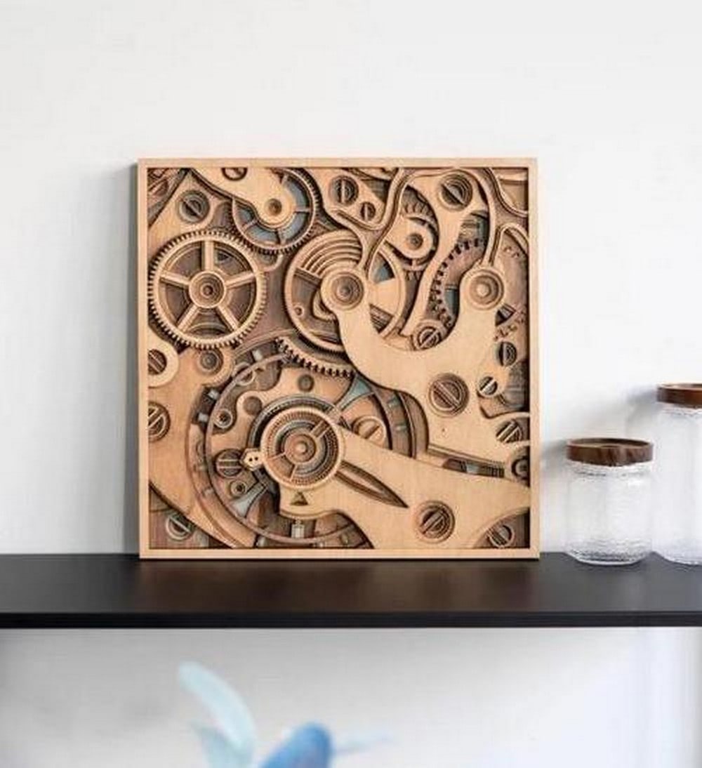 Gears of Time Layered Wood Wall Art: Gears of Time Layered Wood Wall Art This striking multi-layered wood art captures the essence of movement and precision with its intricate, gear-inspired mandala design. Crafted from laser-cut MDF
