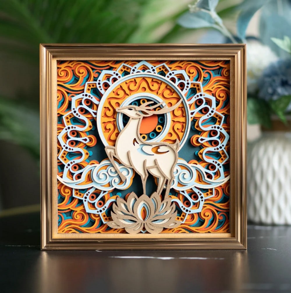 Fortune Deer Multi-layer Laser Cut Wood Carving: Fortune Deer Multi-layer Laser Cut Wood Carving This multi-layer wood art adds elegance and uniqueness to any space. Expertly designed with intricate patterns, it creates a captivating visual effect. 