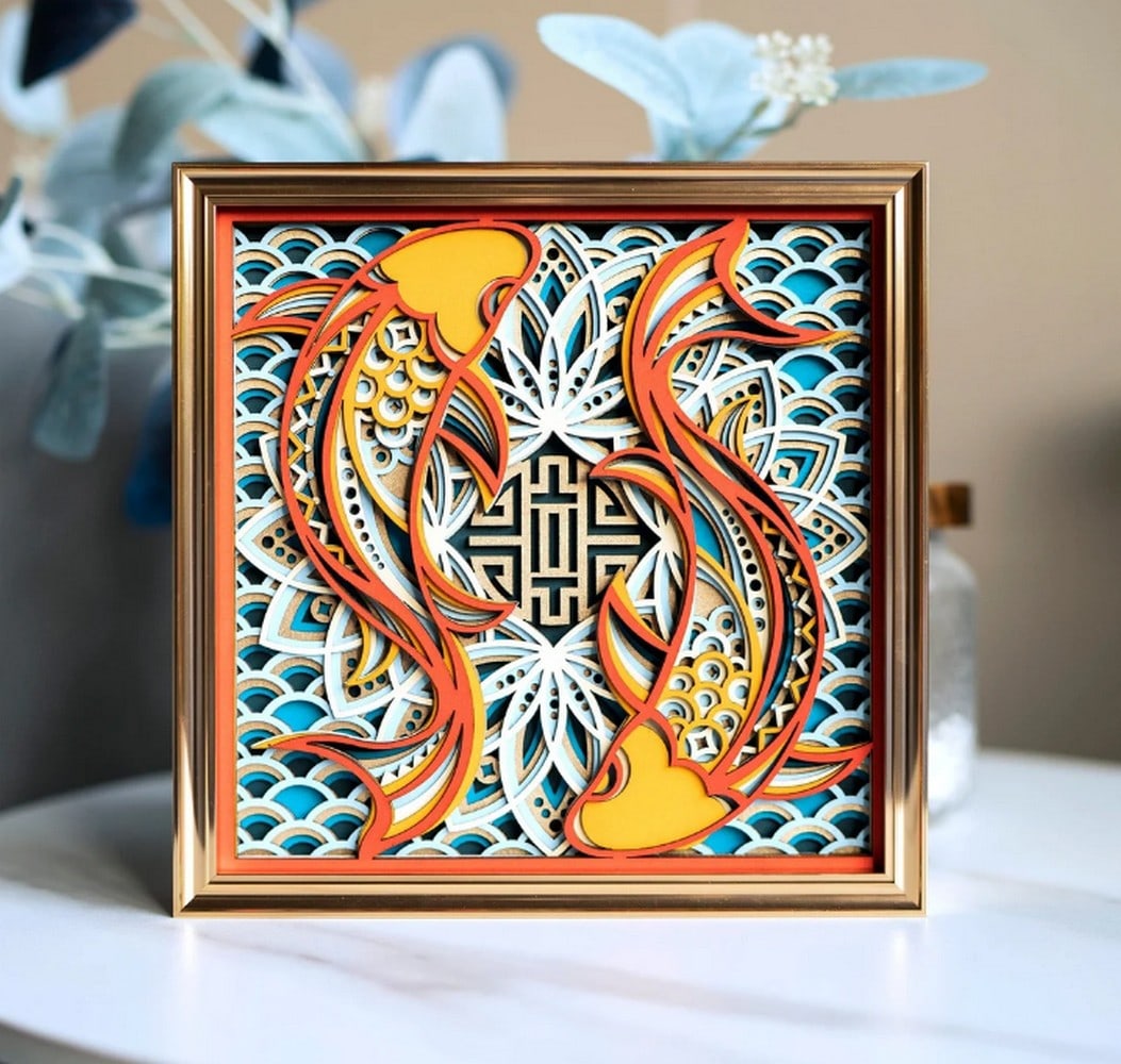 Koi Pond Multi-layer Laser Cut Wood Carving (1 of 3)