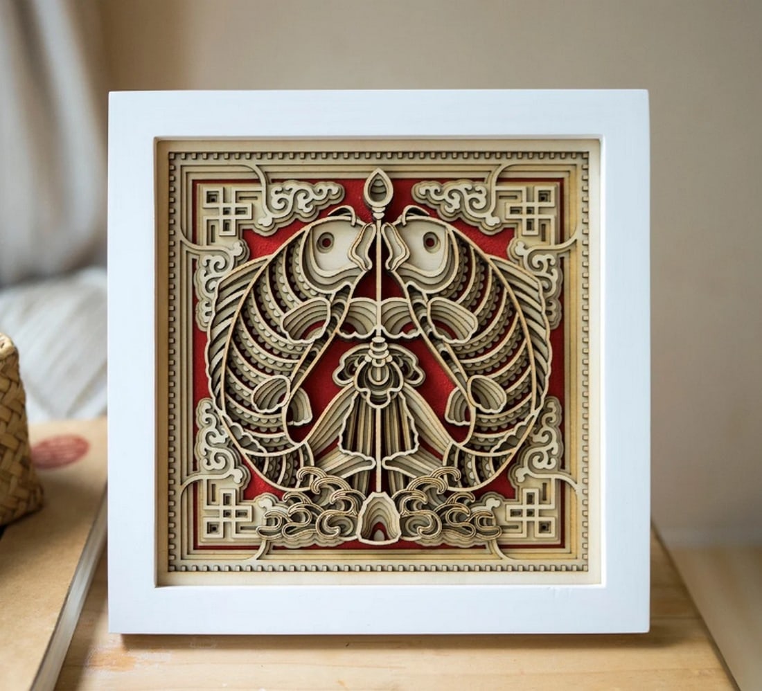 Leaping Koi Multi-layer Laser Cut Wood Carving: Leaping Koi Multi-layer Laser Cut Wood Carving This multi-layer wood art would add a graceful and unique sight for your home. Specially designed with extremely detailed patterns serve you a wide