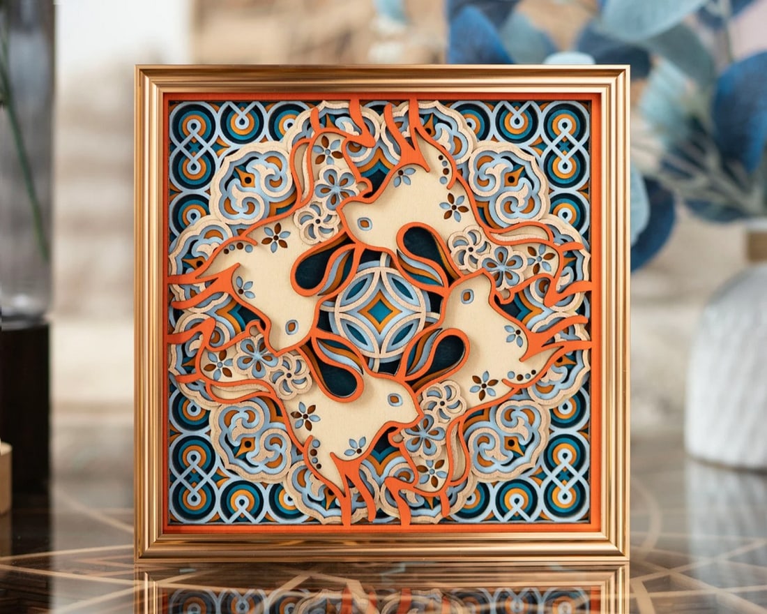 Lucky Rabbits Multi-layer Laser Cut Wood Carving: Lucky Rabbits Multi-layer Laser Cut Wood Carving This multi-layer wood art brings elegance and uniqueness to your home. Designed with intricate details, it creates a captivating visual experience.
