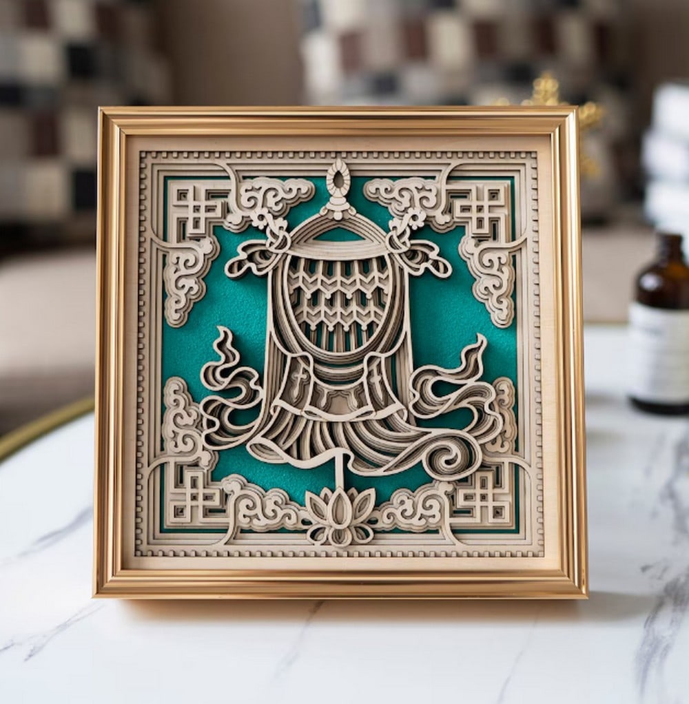 Dhvaja Multi-layer Laser Cut Wood Carving: Dhvaja Multi-layer Laser Cut Wood Carving This multi-layer wood art brings a graceful and unique element to your home. Its intricate design offers a visually captivating experience, making it a