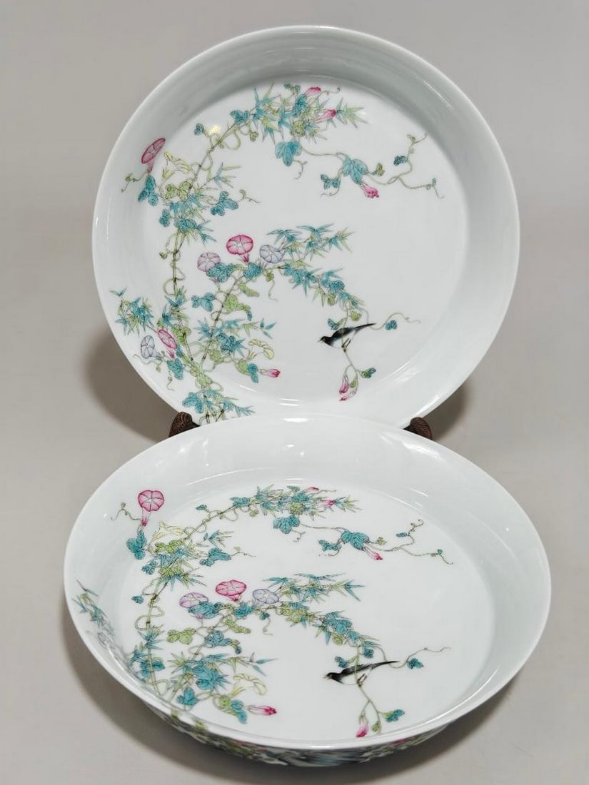 Famille Rose Floral Pattern Plates: Famille Rose Floral Pattern Plates A pair of exquisite porcelain plates, adorned with delicate Famille Rose floral patterns. The design features finely painted blossoms and foliage in soft, harmonious