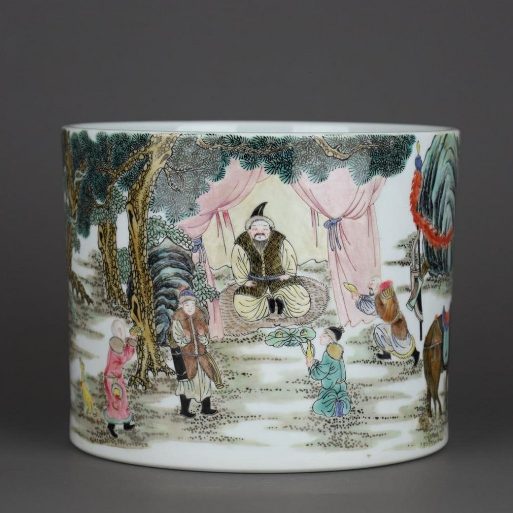 Qing Yongzheng Porcelain Figure Story Brush Holder: Qing Yongzheng Porcelain Figure Story Brush Holder A finely crafted porcelain brush holder delicately painted with a narrative scene featuring scholarly figures in a natural setting. The cylindrical f