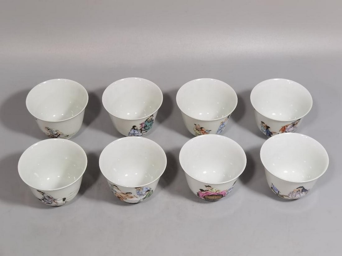 A Set of Famille Rose Cups With the Eight Immortals inspired by the Yongzheng period of the Qing: A Set of Famille Rose Cups With the Eight Immortals inspired by the Yongzheng period of the Qing Dynasty A rare and elegant set of Famille Rose porcelain cups. Each cup is delicately enameled with viv