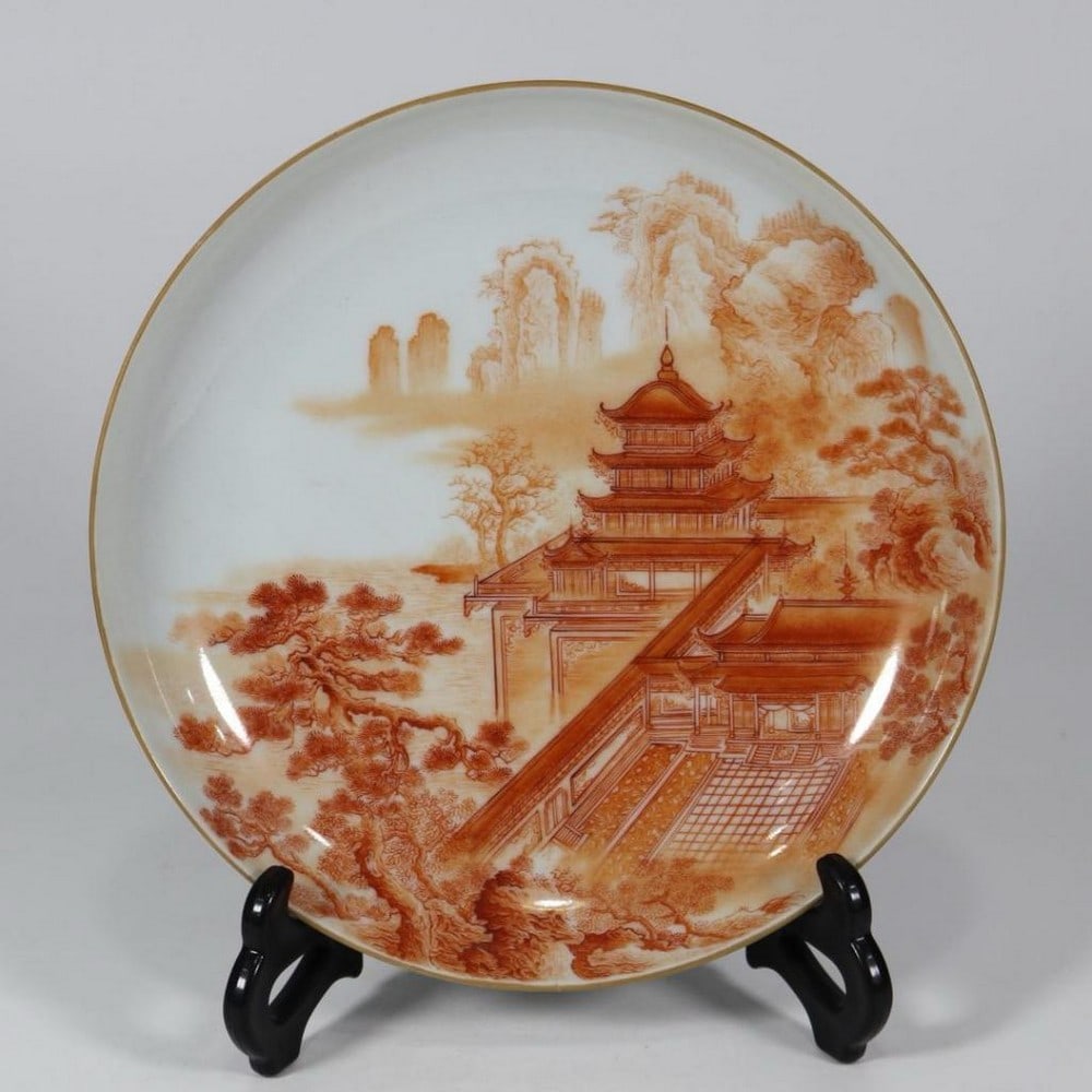 Qianlong Period Alum Red Landscape Pavilion Plate: Qianlong Period Alum Red Landscape Pavilion Plate. This elegant plate is inspired from the Qing Dynasty's Qianlong period (1735 -1796), featuring the striking alum red enamel technique and bearing the