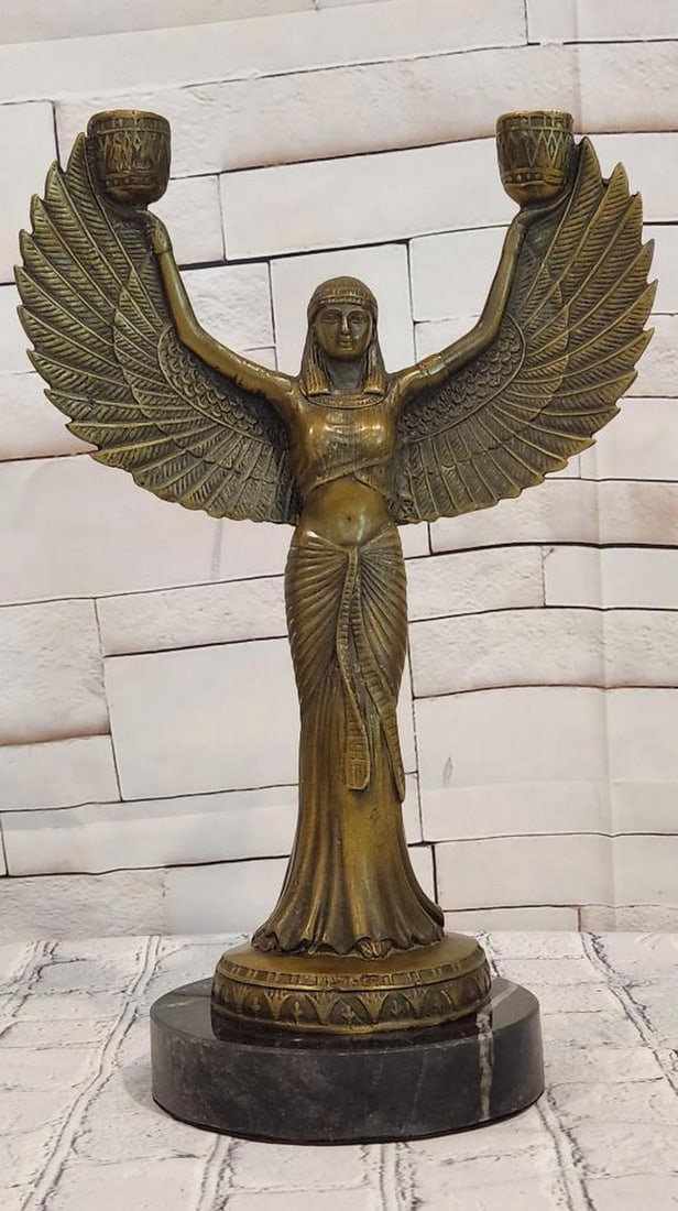 Jean Patoue Isis Winged Candleholder Original Bronze Sculpture - 14'' x 9'': Jean Patoue Isis Winged Candleholder Original Bronze Sculpture - 14" x 9" This bronze sculpture depicts the Egyptian goddess Isis with outstretched wings, combining symbolic form with function