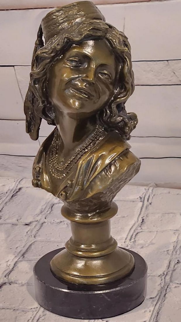 Miguel Lopez Art Nouveau Woman Bust Original Bronze Sculpture - 11'' x 4.5'': Miguel Lopez Art Nouveau Woman Bust Original Bronze Sculpture - 11" x 4.5" This bronze sculpture presents a bust of a woman in an Art Nouveau style, featuring a relaxed expression and softly a