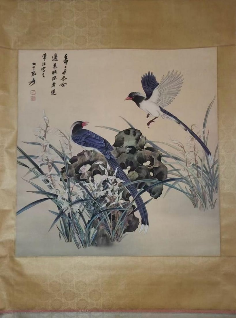 Inspired Zhang Daqian Silk Painting Scroll: Inspired Zhang Daqian Silk Painting Scroll. This stunning silk painting scroll is inspired by the iconic style of Zhang Daqian, one of China's most celebrated 20th-century artists. The artwork
