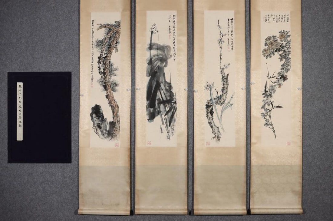 Four-Scroll Flower Set Inspired By Zhang Daqian: Four-Scroll Flower Set Inspired By Zhang Daqian A stunning four-scroll set inspired by Zhang Daqian, showcasing his mastery in depicting flowers with expressive brushwork and rich ink washes. Each scr