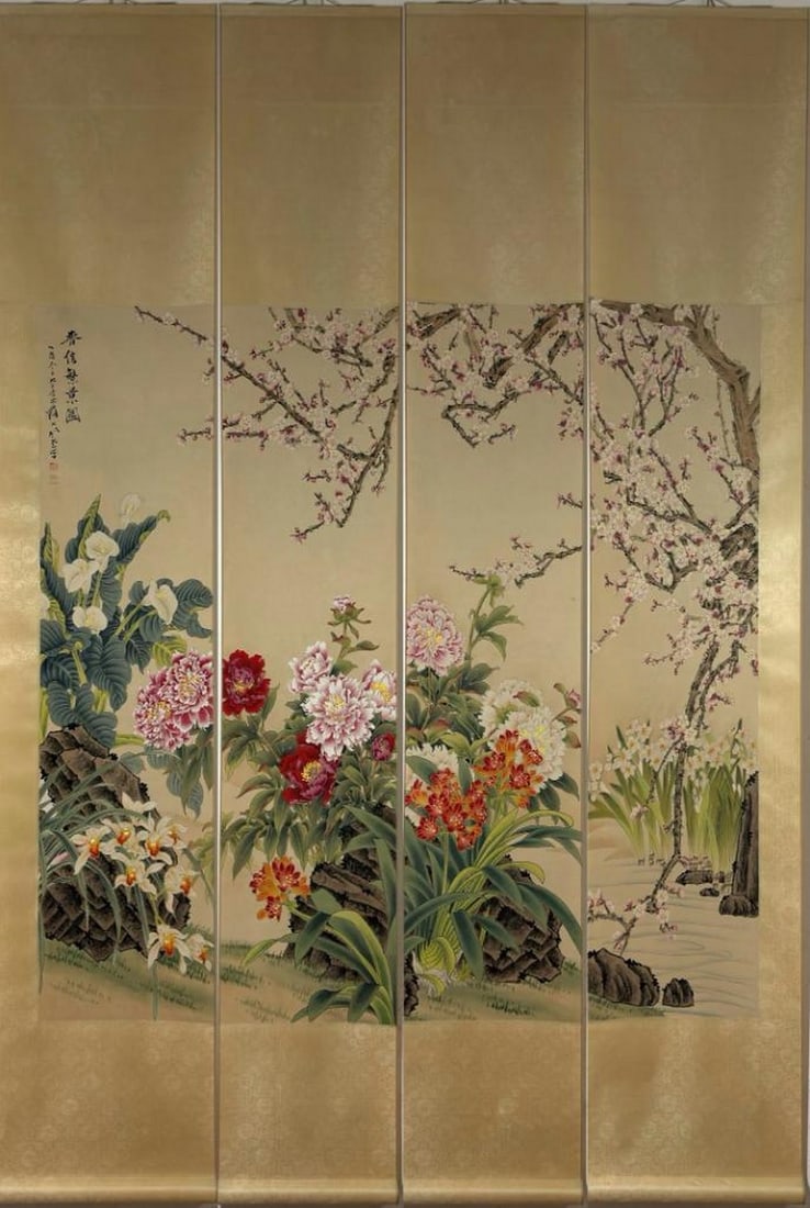 Four-Scroll Floral Panorama Inspired by Zhang Daqian: Four-Scroll Floral Panorama Inspired by Zhang Daqian This exquisite four-scroll set inspired by Zhang Daqian forms a continuous and immersive floral landscape, masterfully composed across the panels