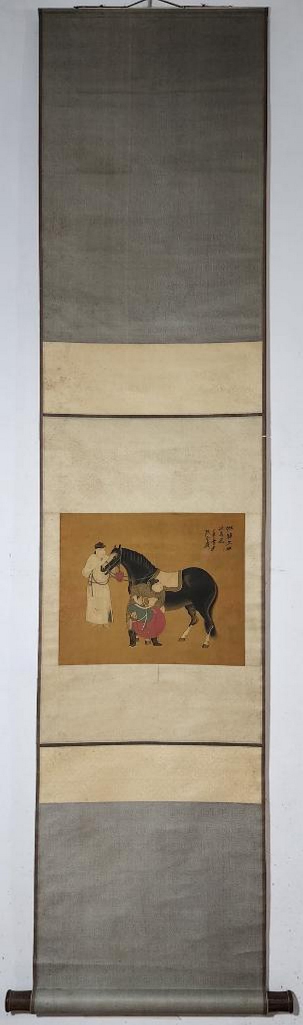 Readying the Journey Inspired Scroll Painting: Readying the Journey Inspired Scroll Painting In this expressive silk scroll inspired by Zhang Daqian, a moment of quiet preparation is captured with elegance and precision. A strong, noble horse