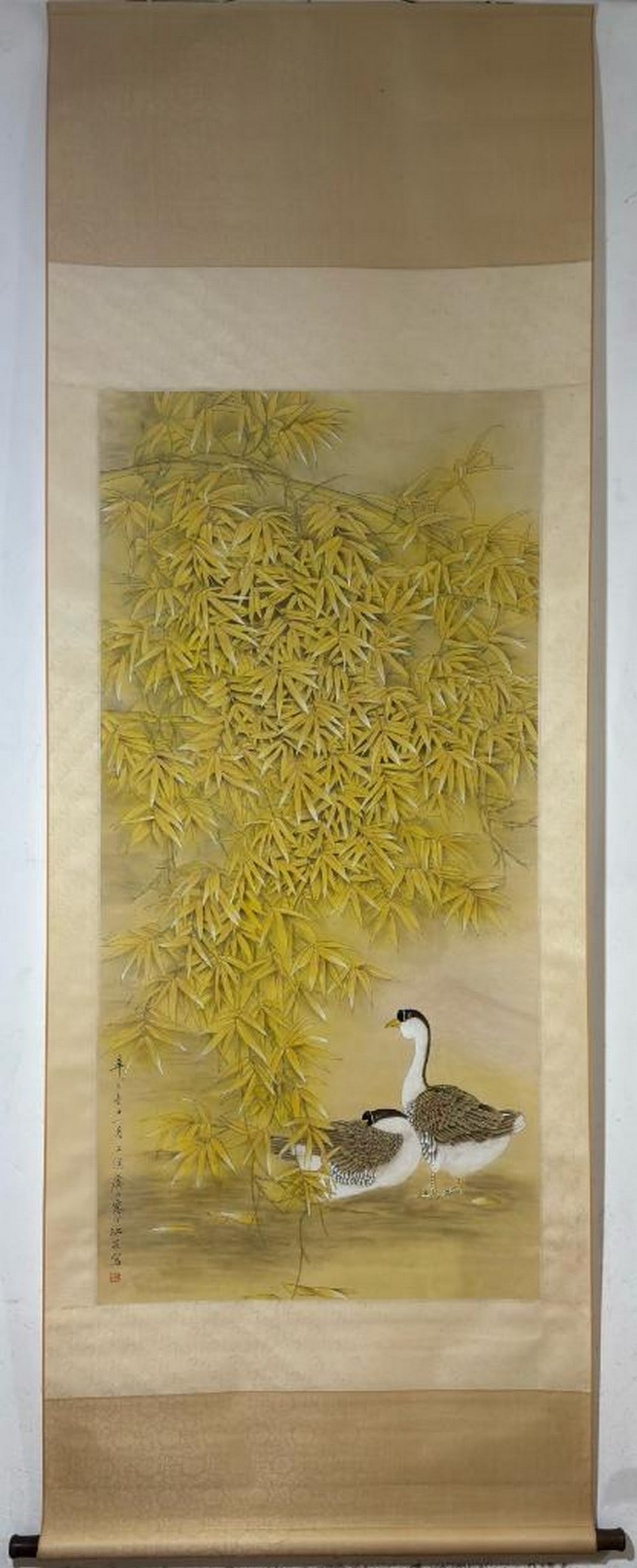 Geese Beneath Bamboo Inspired Hand Painting: Geese Beneath Bamboo Inspired Hand Painting In this serene hand painted scroll inspired by Jiang Hanting, two geese stand quietly beneath the arching leaves of a tall bamboo grove, their forms