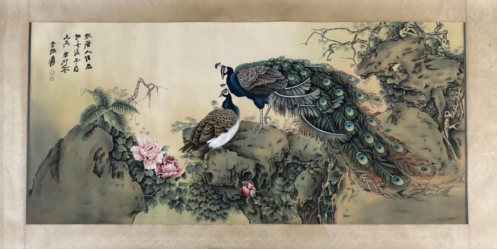 Graceful Companions Inspired Handpainting: Graceful Companions Inspired Handpainting This captivating handpainting on silk-mounted paper inspired by Zhang Daqian features a pair of peacocks poised in serene harmony. One stands elegantly while