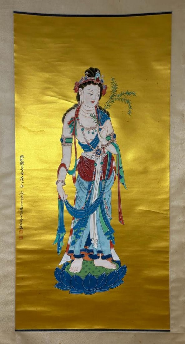 The Buddha of Radiant Peace Inspired By Zhang Daqian Scroll: The Buddha of Radiant Peace Inspired By Zhang Daqian Scroll A magnificent scroll inspired by Zhang Daqian, featuring a serene Buddha statue rendered on gold paper. The artwork showcases Zhang's