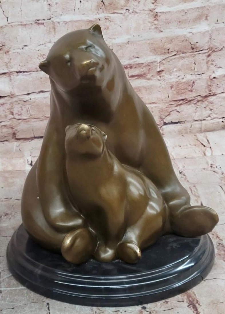 Miguel Lopez (Milo) Original Bronze Sculpture of Polar Bear & Cub - 12'' x 10'': Miguel Lopez (Milo) Original Bronze Sculpture of Polar Bear &; Cub - 12" x 10" This bronze sculpture depicts a polar bear mother and her cub, rendered in an abstract modern style with smooth c