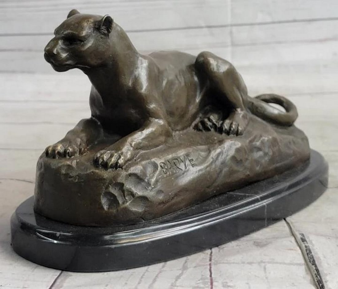Predator's Prowess Barye Signature Inspired Bronze Sculpture of Panther/Cougar/Jaguar - 4.5'' x: Predator's Prowess Barye Signature Inspired Bronze Sculpture of Panther/Cougar/Jaguar - 4.5" x 9.5" Immerse yourself in the primal strength and elegance of the Panther/Cougar/Jaguar through th