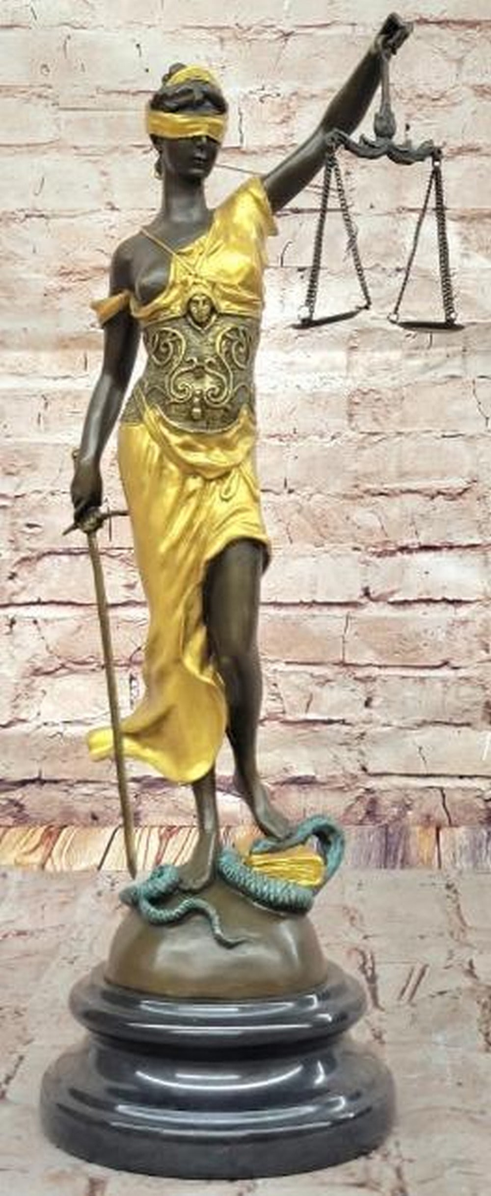 Balance and Judgment Bronze Sculpture - 18'' x 7'': Balance and Judgment Bronze Sculpture - 18" x 7". Inspired by and bearing the signature of artist Mayer, this powerful bronze sculpture depicts Themis, the Blind Lady of Justice, standing with