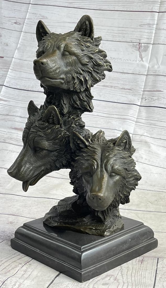 Authentic Three Wolves Heads Bronze Wolf Bust Sculpture On Marble Base - 14lbs: This breathtaking Bronze Wolf Sculpture by acclaimed artist Williams, titled "Wild Pack," balances natural inspiration with a unique and gravity-defying contemporary look to produce a truly st