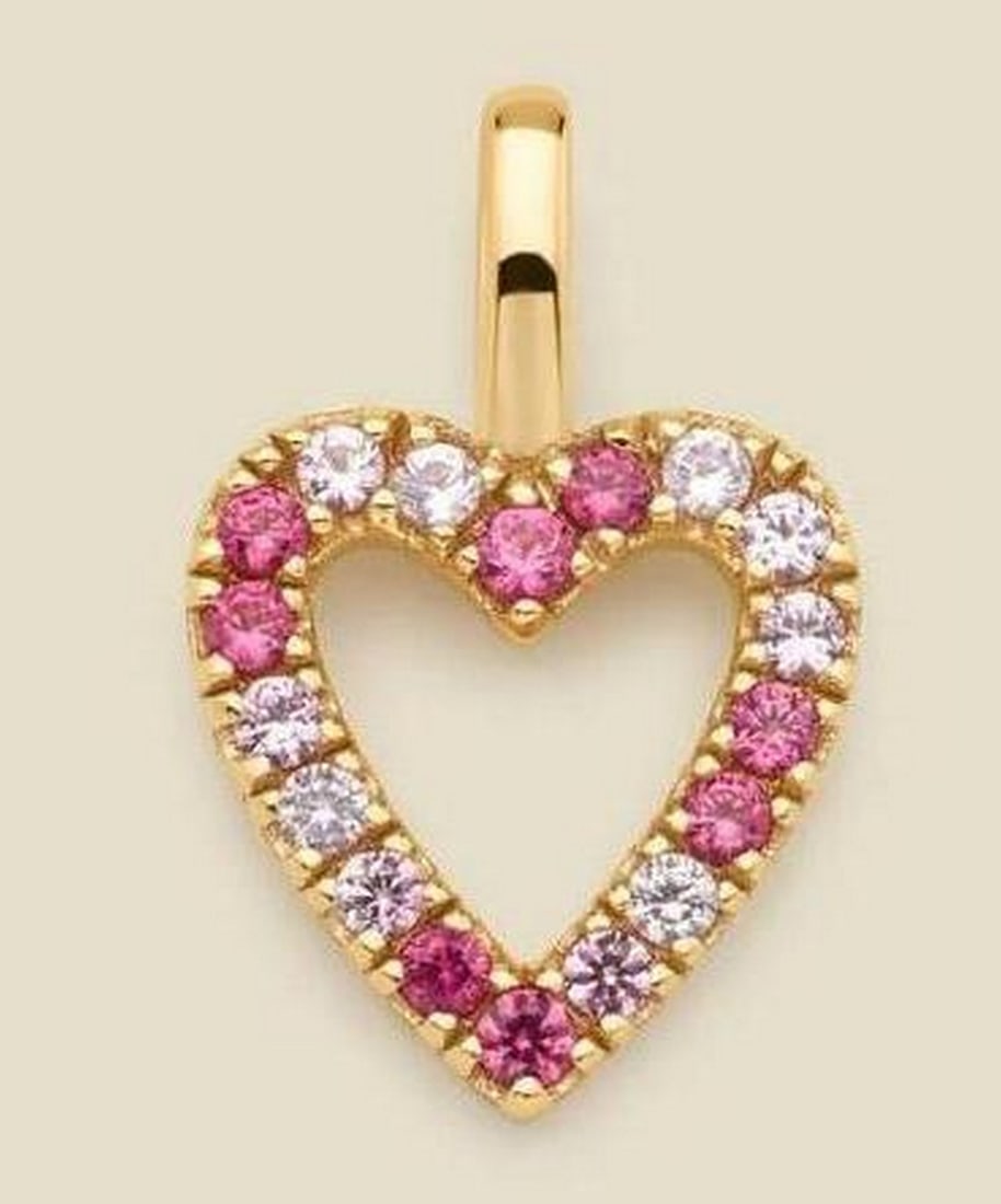 Vermeil Gold & Pink CZ Pave Heart Charm: Vermeil Gold &; Pink CZ Pave Heart Charm Express your love with a sparkling silhouette that's sure to captivate. This heart-shaped pendant, adorned with pave pink CZs, beautifully frames the emotions