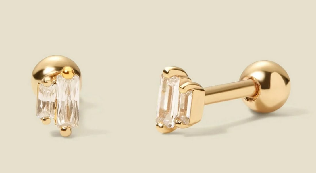 Vermeil Gold & Double Baguette CZ Stud Earrings: Vermeil Gold &; Double Baguette CZ Stud Earrings Enhance your shine with this dazzling pair of earrings, each adorned with two prong-set baguette CZs for a radiant finishing touch. Designed for