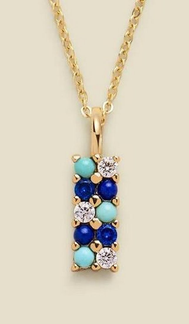 Blue Stacked Trio Pendant Necklace - Turquoise, Lapis & CZ on Gold Chain: Blue Stacked Trio Pendant Necklace - Turquoise, Lapis &; CZ on Gold Chain Pendant featuring a vertical stack of prong-set turquoise, lapis, and cubic zirconia stones. The pendant measures 11mm and han