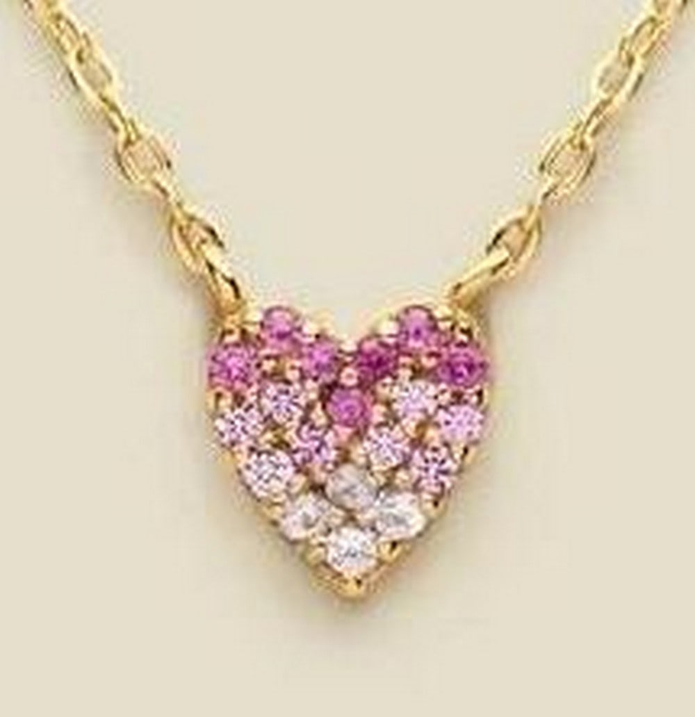 Pink Pave Heart Necklace: Pink Pave Heart Necklace Radiate love and light with this exquisite necklace. A petite heart, adorned with sparkling pink cubic zirconia stones, hangs delicately on a fine gold chain. The perfect