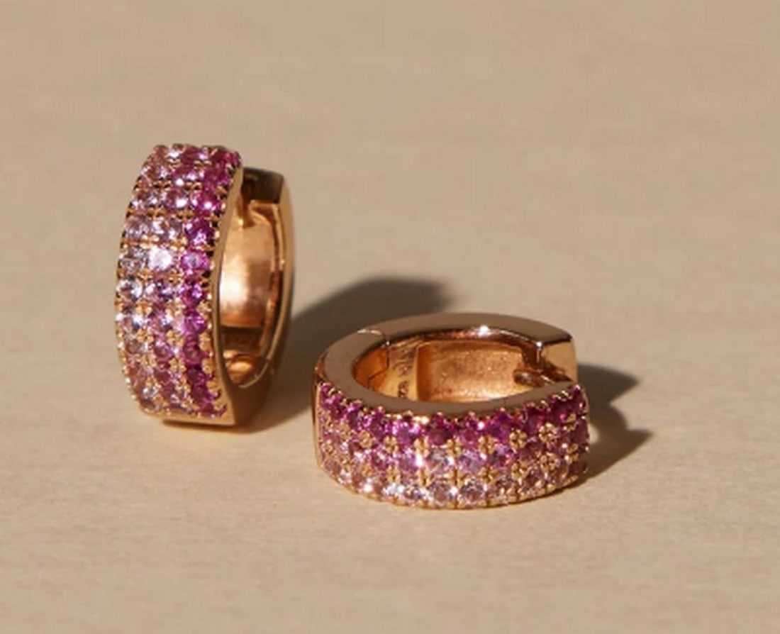 Vermeil Gold & CZ Pink Pave Huggie Hoop Earrings: Vermeil Gold &; CZ Pink Pave Huggie Hoop Earrings Pink is always in style. Elevate your everyday look with these dainty huggie hoops, featuring three shimmering rows of pave-set CZs. The hinge-style