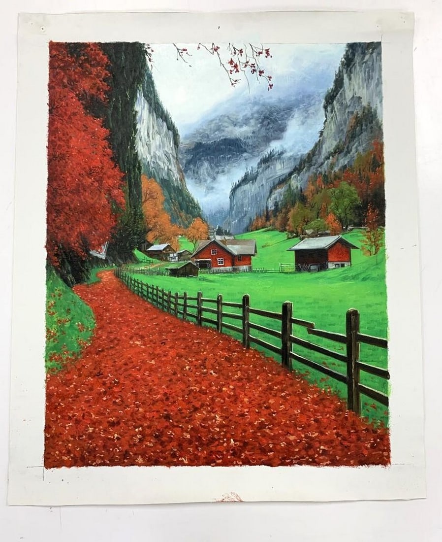 Original Oil Painting ''Echoes in the Nordic Valley'' by the Artist Yaoge: Original Oil Painting "Echoes in the Nordic Valley" by the Artist Yaoge This captivating oil painting, titled "Echoes in the Nordic Valley" by the artist Yaoge, captures the serene bea