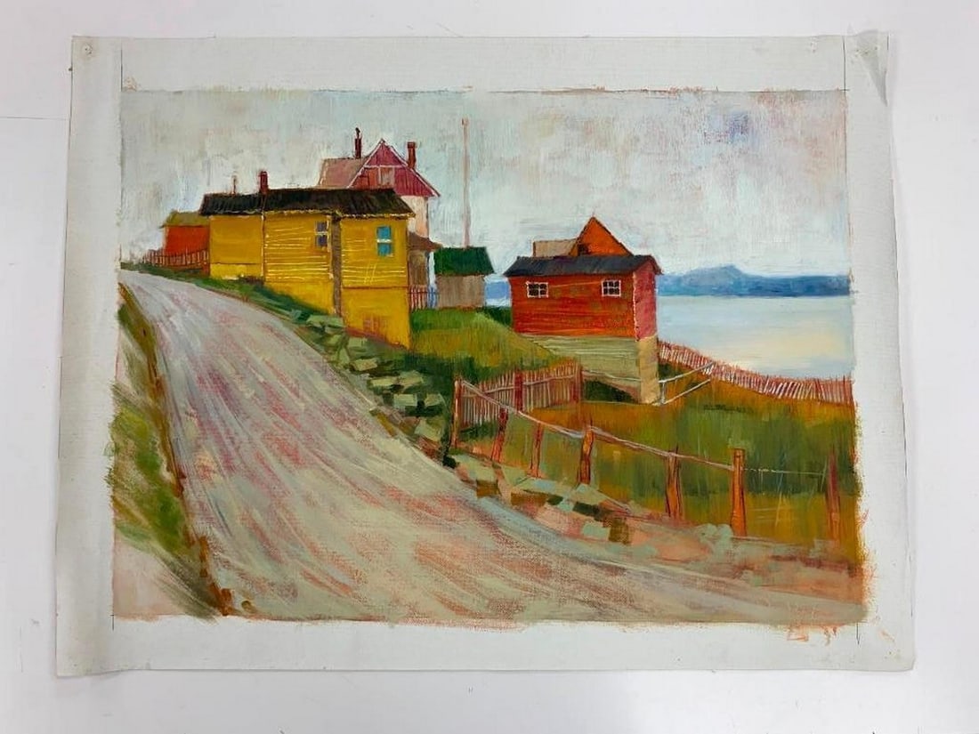 Original 28'' X 20'' Acrylic Of Musgravetown NewFoundland Inspired By Alan Caswell Collier: Original 28" X 20" Acrylic Of Musgravetown NewFoundland Inspired By Alan Caswell Collier, O.S.A, R.C.A (1911-1990) Alan Collier was a prominent Canadian artist known for his contributions to t