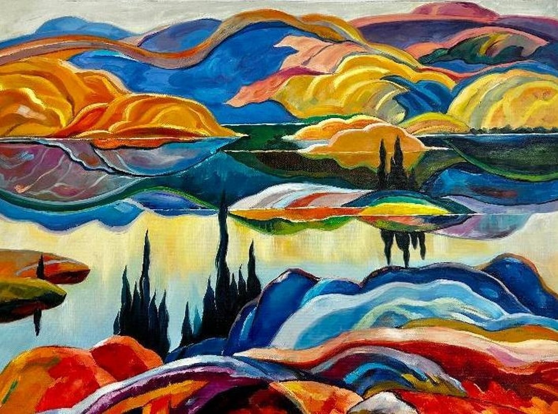 Original 28'' X 20'' Acrylic Of Mirror Lake Inspired By Franklin Carmichael (1890-1945): Original 28" X 20" Acrylic Of Mirror Lake Inspired By Franklin Carmichael (1890-1945) In "Mirror Lake," Carmichael skillfully depicts a tranquil scene set amidst the rugged yet breatht