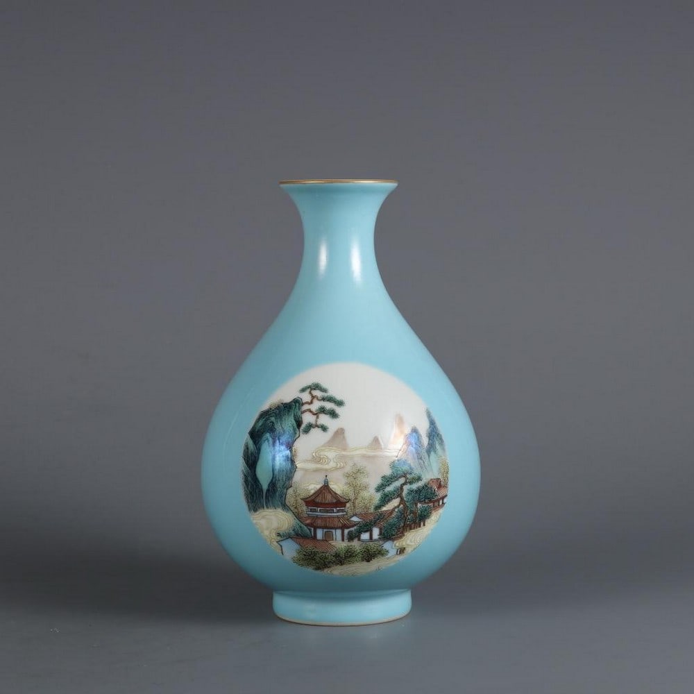 Turquoise-Ground Famille Rose Landscape Spring Bottle: Turquoise-Ground Famille Rose Landscape Spring Bottle This finely crafted spring bottle exemplifies the elegance and painterly finesse of early 18th-century porcelain. Set against a rich