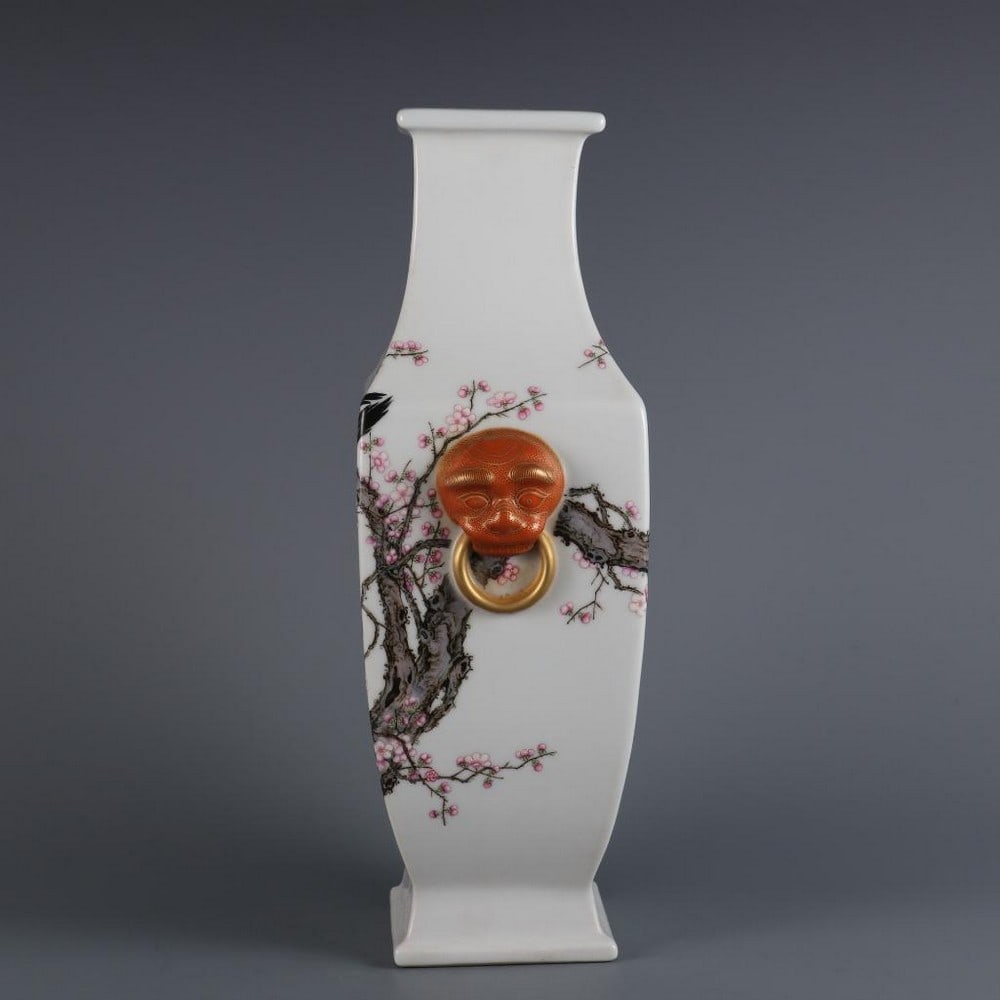 Famille Rose Flower and Bird Square Vase with Animal Handles: Famille Rose Flower and Bird Square Vase with Animal Handles This striking square-form vase is a superb example of imperial famille rose porcelain. Each side of the vase is adorned with a finely